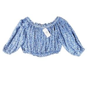 NWT Bohera Blouse Womens XL Blue Floral Off Shoulder Cropped Rayon Top